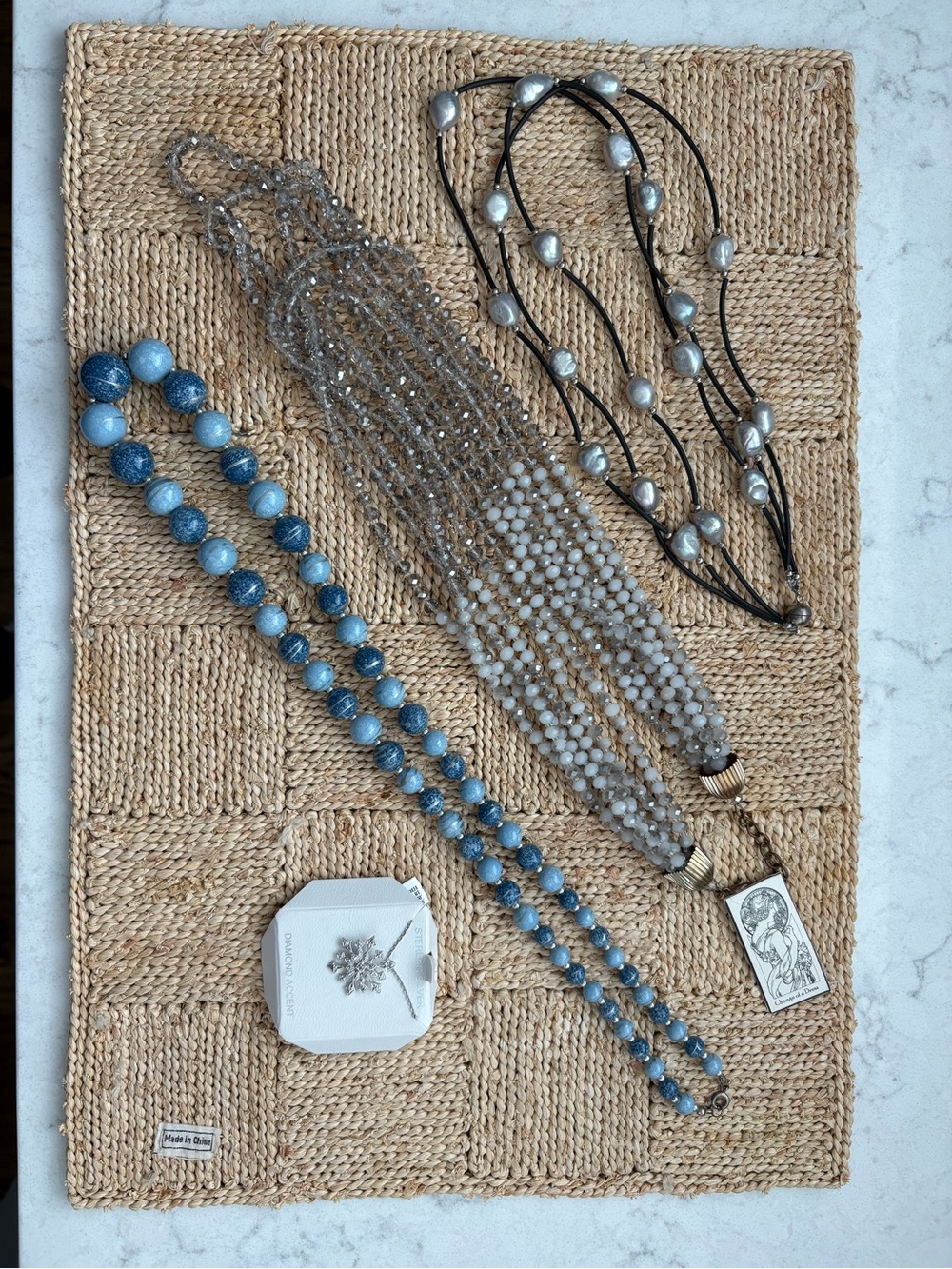 Set of 4 statement necklaces- beaded, pearl, silver w/ diamond accents